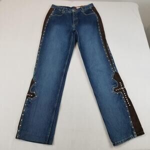 Lawman Western Jeans Womens 7 Blue Brown Slim Fit Studded Rhinestone Cowgirl